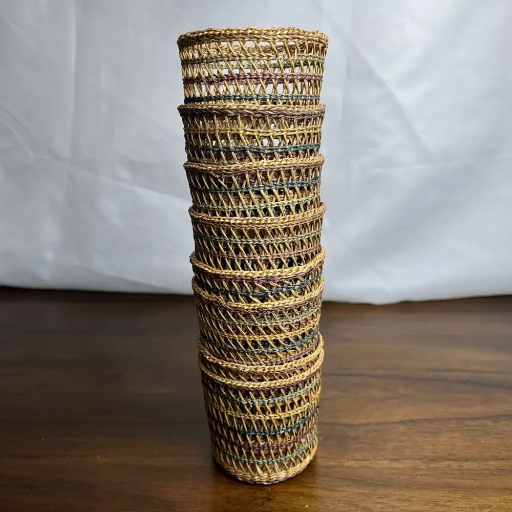 Vintage Woven Wicker Rattan Baskets Cup Glass Holder Boho Multicolor Set of 8